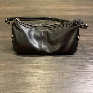 Black Leather Wristlet Clutch with Contrast Stitching